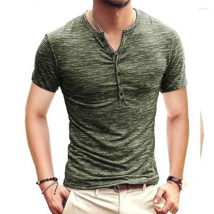 Ternos masculinos B8752 Homens Henley T Shirt Manga Curta Elegante Slim Fit Camiseta Botão Up V Neck Casual Camisetas Tamanho EUA