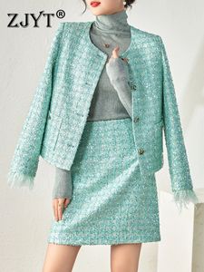 Two Piece Dress ZJYT Luxury Sequins Green Tweed Jacket and Skirt Suit Two Piece Womens Outfit Autumn Winter Elegant Office Party Dress Sets 231212