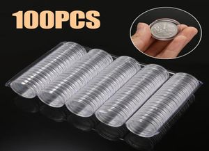 100pcsset 27mm丸いコインカプセルコインストレージケースボックスコンテナプラスチックコインホルダーディスプレイケース2ユーロコイン6772627