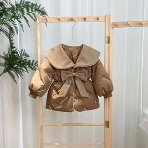 Down Coat Girls Winter 2023 Korean Edition Children Wear Girl Baby Bow Mid Length Warm Fashionable Fashion