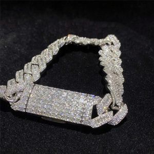 Hiphop smycken 15mm helt VVS Baguette Moissanite Diamond Silver Men Cuban Armband 925 Iced Out Miami Link Chain