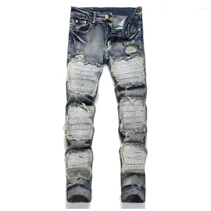 Mäns jeans trasig koppar Mid-midjig lappduk Alfabetet broderi tiggare byxor mode retro blå smal höft hopp blyertsbyxor