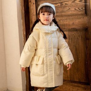 Down Coat Kids Warm 90% White Duck Jackets för flickor Fashion Solid Hooded Long Parka Snowsuit 2023 Vinter Barn Ytterkläder Överrock
