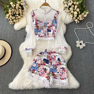 Kvinnors tvåbitar byxor Summer Fall Lace Patchwork Tryck Två stycken Set Womens Outifits Casual Long Sleeve Shirt Shorts Ensemble Femme 2 Piece Set 2023