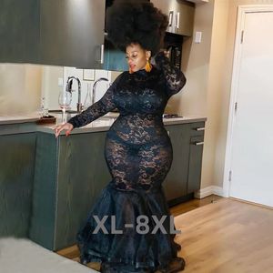 Podstawowe sukienki swobodne koronki plus size Sheer Party Club Kobiety Wyglądanie przez falbany syrena maxi sukienka Seksowna moda noc my 3xl 4xl 5xl 6xl 231213