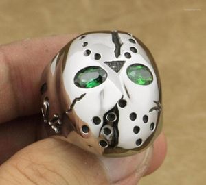 Máscara Jason de Halloween em aço inoxidável 316L Hóquei verde CZ olhos anel masculino 3F201A15869214