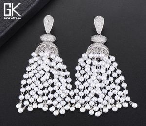 Godki Luxury Imitation Pearls Tassels Long Dingle Earrings For Women Wedding Cubic Zircon Dubai Bridal Silver Drop örhängen 2018 J8142943