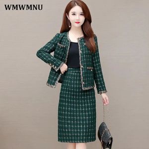 Tvådelt klänning vintage grön rutig tweed 2 bit kjol set kvinnor kläder elegant långärmad blandning jacka och koreanska raka midi kjolar kostym 231212