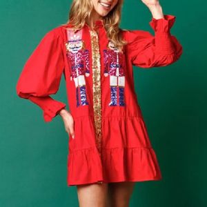 Basic Casual Dresse s Christmas Pink Nutcracker Sequins Shirt Dress Mini Robe Contrast Color Long Sleeve Lapel A Line Costume 231213