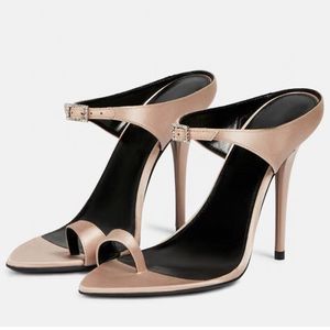 Satin Flip Flops Buckle finish high-heeled shoes Ankle-Tie Sandals heeled stiletto Heels for women Party Evening shoes 10cm luxury designers factory footwear