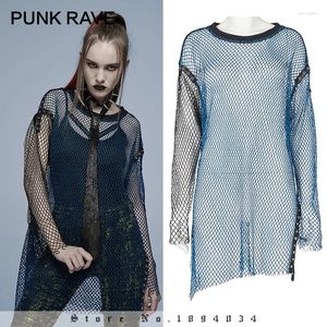 Women's T Shirts PUNK RAVE Daily Shoulder Corns Decoration Perspective Network Loose Comfort T-shirt Blue & Red Asymmetric Hem Tops