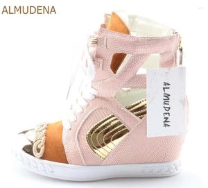 Bot almudena en iyi marka kadınlar şık spor ayakkabı boyu yüksek artış kama topuklu eğlence ayakkabıları altın zincir patchwork gündelik patikler