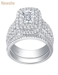 NEWSHE 925 STRINLING SREBROWY Zestaw ślubny Halo dla kobiet Elegancka biżuteria Księżniczka Cut Cubic Cyrronia Pierścienie zaręczynowe J01129699895