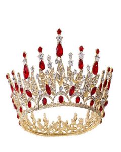 Royal Red Full Hunround Crown Rhinestone Tiara Wedding Bridal Women Fashion Hair Akcesoria Kryształowy niebieski zielony srebrny złoty nagłówka 6941689