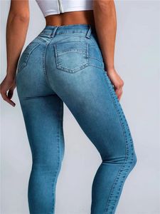 Mulheres jeans cintura alta elástica apertada hip saco ultra fino ajuste clássico perna estreita lápis calças 231213