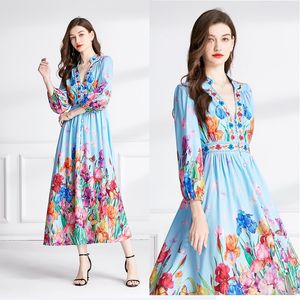 Abito da festa floreale vintage elegante vestibilità veste donna designer manica lanterna scollo a V slim increspato vacanza abiti boho maxi 2024 primavera autunno chic runway abiti da ballo abiti