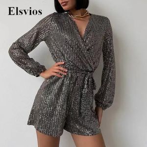 Urban Sexy Dresses Elegant Sashes V Neck Shiny Jumpsuits Women Sexy Long Sleeve Sequins Party Romper Fashion Casual Loose Shorts Overalls Playsuits 231213