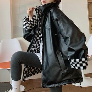 Women's Trench Coats Winter Jacket Women 2023 Fashionable Chessboard Plush Thickened Cotton Padded Wear Both Sides PU Leather Parkas