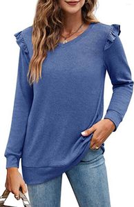 Camisetas femininas Europa e América Transfronteiriça Comércio Exterior 2023 Outono / Inverno T-shirt com babados manga comprida V-Neck Top Sweater para