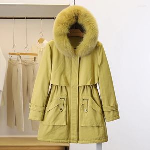 Kadınlar trençkotları kış uzun kalın yastıklı ceket kürk kapşonlu palto ışık khaki