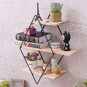 Bedroom Office Home Decoration Vintage Iron Metal Wood Wall Storage Shelf Rack Rhombus Wood Iron Craft Wall Book Hanging Rack Y200218M