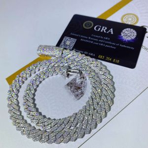 Customized Moissanite Stone Zircon Rhodium Plated 15mm Chain Non Fade S925 Silver Cuban Necklace Jewelry