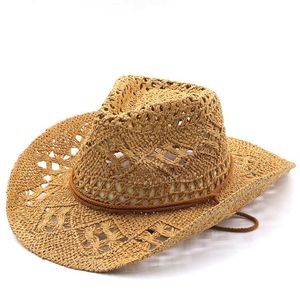 Chapéu de palha feito à mão papel verão masculino feminino cowboy chapéu ocidental cowboy cowgirl oco para fora sol praia cap5252778