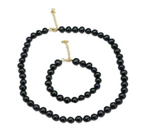 Real Natural Peacock blue Black Round Pearl Necklace Bracelet Sets Simple Gift For Lady Girls1785081