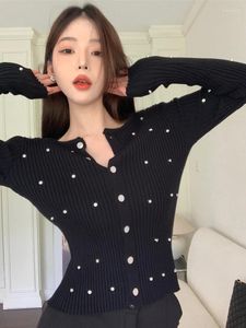 Kvinnors stickor Korobov pärlstav långärmad cardigan enda bröst tröja temperament kvinnor kläder v nack koreansk mode ropa de mujer