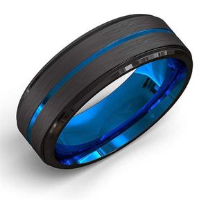FDLK MEN039S Mode 8mm schwarz gebürstete Leiterkante Edelstahl Ring Blue Groove Männer Ehering Geschenke für Männer Q0708272L7128504