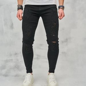 Jeans da uomo Streetwear Pantaloni skinny strappati alla moda strappati neri lavati Pantaloni in denim con fori elasticizzati maschili