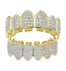 Hip Hop Iced Out CZ Gold Zähne Grillz Caps Oben Unten Diamant Zähne Grillzs Set Männer Frauen Grills9382625