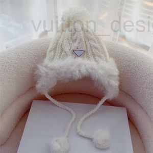 Beanie/skull Caps Designer Brand Women Rabbit Hair Ear Protection Hat Winter Warm Womens Knitted Hats with Velvet Lining Sweet Girl Wear Accessories