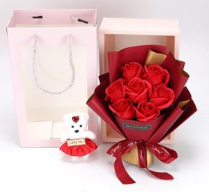 7st Artificial Mariage Soap Roses Flower Bouquet With Doll Bear Birthday Christmas Wedding Valentines Day Gift Home Decor3515932