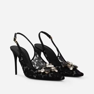 Slingback stiletto heel sandals rhinestone lace mesh fabric pointed toe Pumps leather outsole dress Shoes Women's Luxury designer Party Evening Shoes 35-42 with box