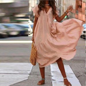 Party Dresses Casual Boho Loose Maxi Dress Summer V-neck Pure Color Beach Vestidos Blue Short Sleeve For Women 2023 A-line Robe Femme