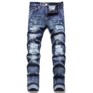 Mens Jeans Rip Slim Fit Skinny Designer Jeans Homens Motocicleta Na Moda Denim Bordado Calças Luxurys Designer Mens Jeans Designer Calças para mim