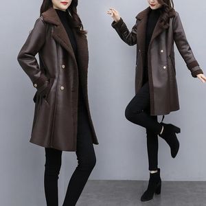 Couro feminino jaqueta de couro falso para mulheres outono rendas gola de pele fina casual desgaste exterior grosso forro de pele jaqueta de couro inverno jd2130 231213