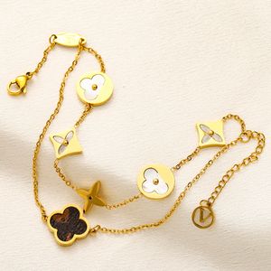 18K Gold Plated Designer Bracelet Chains Stainless Steel Brand Letter Flower Women Faux Leather Bracelets Love Bangle Wedding Jewelry Gift