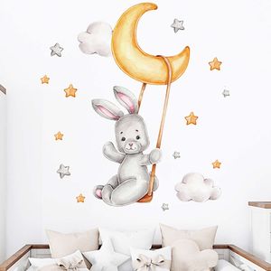 WaterColor Cute Bunny Swing on the Moon Cloud Wall Adesions for Kids Room Baby Nursery Room Decals Decals Ded