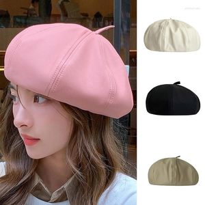 Berets Korean Version Women Spring And Autumn Beret PU Leather Ins England Retro All-match Painter Hat Casual Fashion Octagonal Caps