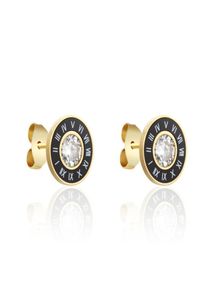 Ny ankomst Vackra periferia svart emalj och vita skal Romerska siffror Middle Shiny Crystal Stud Earring for Women och Men7175385