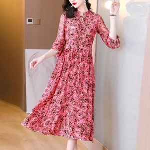 Casual Dresses Floral Silk Dress 2023 Female Gentle French Stand Collar Long Skirt Sleeve Mulberry Print Flower