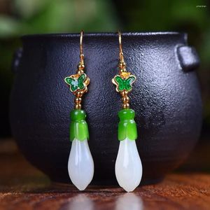 Dangle Earrings White Jade Orchid Butterfly 925 Sterling Silver Hetian Nephrite Green Emerald Flower Drop Earring