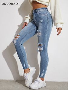 Combinaisons pour femmes Barboteuses Bleu clair Sexy Skinny Femmes Jeans Stretch Butt Lift Ripped Hole Denim Pantalon Lady Vêtements Filles Pantalons Serrés Y2K Streetwear 231213