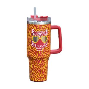 40oz Tumbler Designer Tumblers Rostfritt stål med logotyphandtag Lock Straw Ny Tiger Design Big Capacity Beer Mugg Water Bottle Outdoor Camping Cup