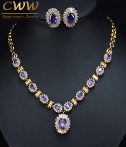 Brilliant Round Dangle Drop Purple Crystal Bridal Necklace and Earring Set Dubai Gold Color Wedding Jewelry T275 2107145605553