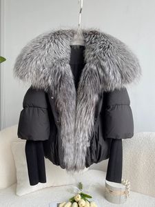 Women's Down Parkas Janveny Large Real Silver Fox Fur Collar White Duck Down Jacket Winter Luxury Puffer Coat Oversize Feather Outwear