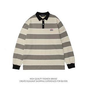 Herrpolos japansk vintage rand långärmad lapel skjorta för män kvinnor lös trend streetwear bf stil preppy bomull tröja 231212