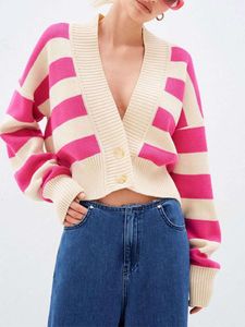 Women Stripped Rib Knit V Neck Crop Sweater Cardigans Single Breasted Long Sleeve Knitwear Autumn Fashion Female Streetwear